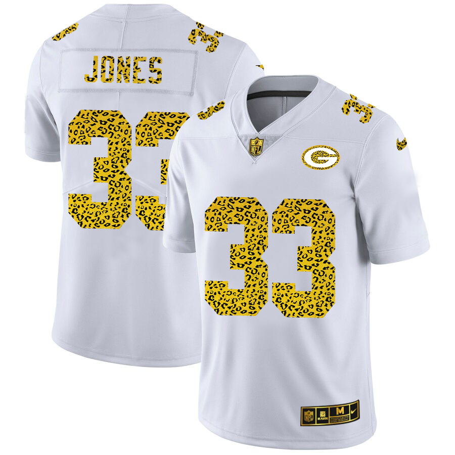 Green Bay Packers #33 Aaron Jones Men Nike Flocked Leopard Print Vapor Limited NFL Jersey White->cleveland browns->NFL Jersey